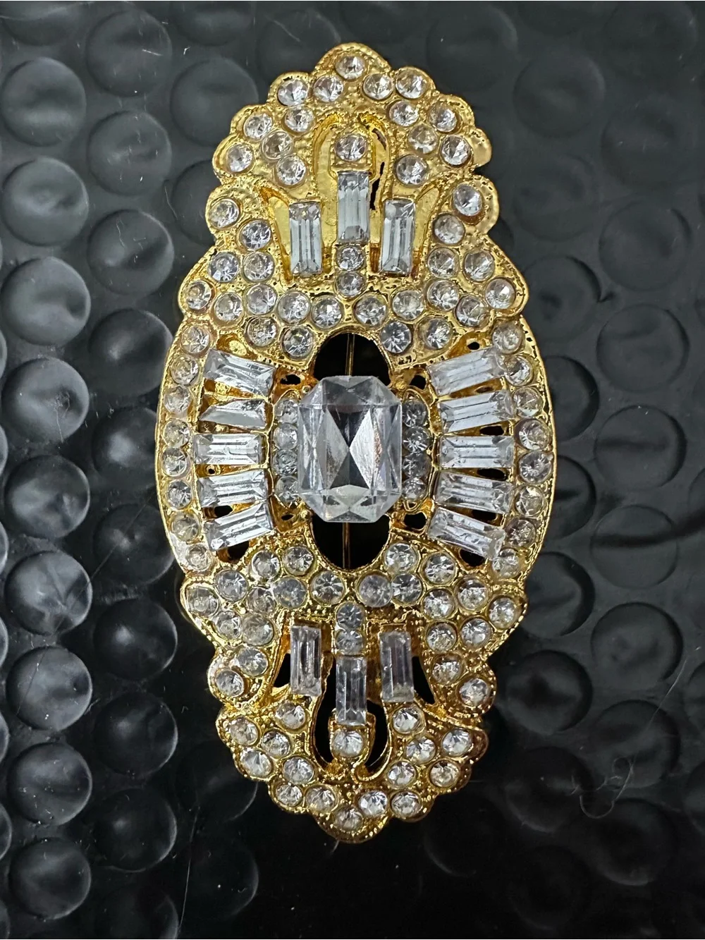 💎 Gold Tone Clear Rhinestone Art Deco Style Statement Brooch Pin Vintage Look